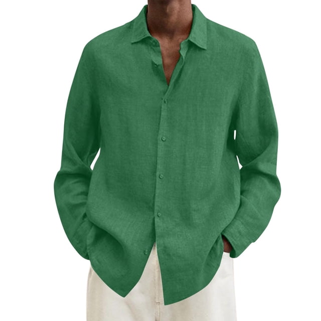 Chemises pour Hommes Été Coton Lin Uni Ample Col Rabattu Manches Longues Haut Vert TG