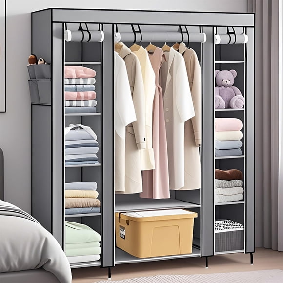 Portable Closet Wardrobe with a 25Inch Wide Hanging Rod and 12 Storage Shelves, Non-Woven Fabric Clothes Organizer(59 x 17.7 x 68.8 inch, Grey)