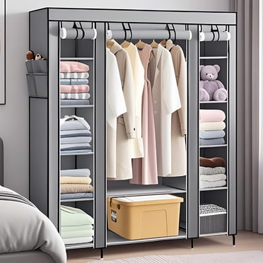 Portable Closet Wardrobe with a 25Inch Wide Hanging Rod and 12 Storage Shelves, Non-Woven Fabric Clothes Organizer(59 x 17.7 x 68.8 inch, Grey)