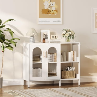 QinaQin Modern Glass Arch Sideboard Cabinet, 39.4 Inch Storage Cabinet with Adjustable Shelves and Gold Handles