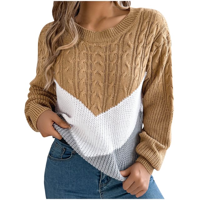 Pisexur Pulls pour Femmes Mode Tricot à Blocs de Couleur Décontracté Ample à Manches Longues Chandail Col Rond Tendance Automne
