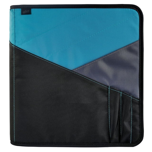 Hilroy 1.5 inch Trilogy Zipper Binder with a fabric cover in teal, navy blue, and black geometric panels, featuring three exterior pen loops on the right side and black edge binding, suitable for organizing papers and stationery.