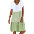 thumbnail image 2 of Meichang Dresses for Women 2024 Plus Size Short Sleeve V Neck Dresses Striped Color Block Patchwork Dresses Ruffle Hem Midi Dresses Casual Pleated Knee-Length Dresses, 2 of 6