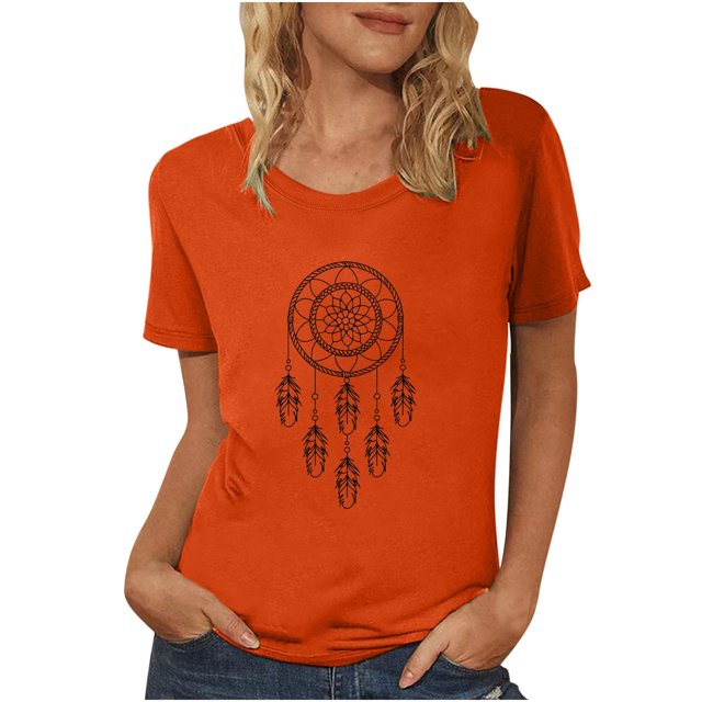 Dadaria T-Shirt Orange pour Femme à Manches Courtes, Col Rond, Tee d'Été, Chandail Attrape-Rêves, Blouses m