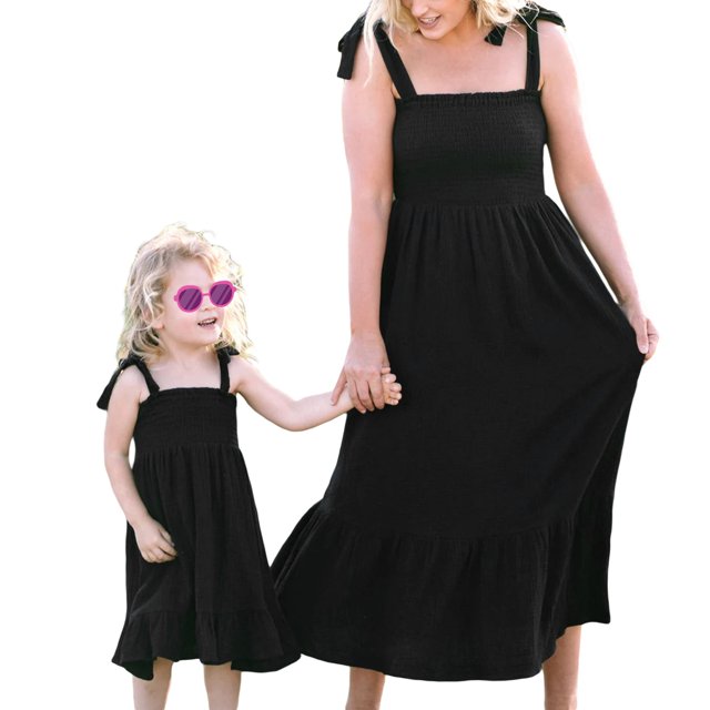 SUNSIOM Mommy and Me Dresses Matching Outfits Solid Color Tie-Up Spaghetti Strap A-Line Long Dress
