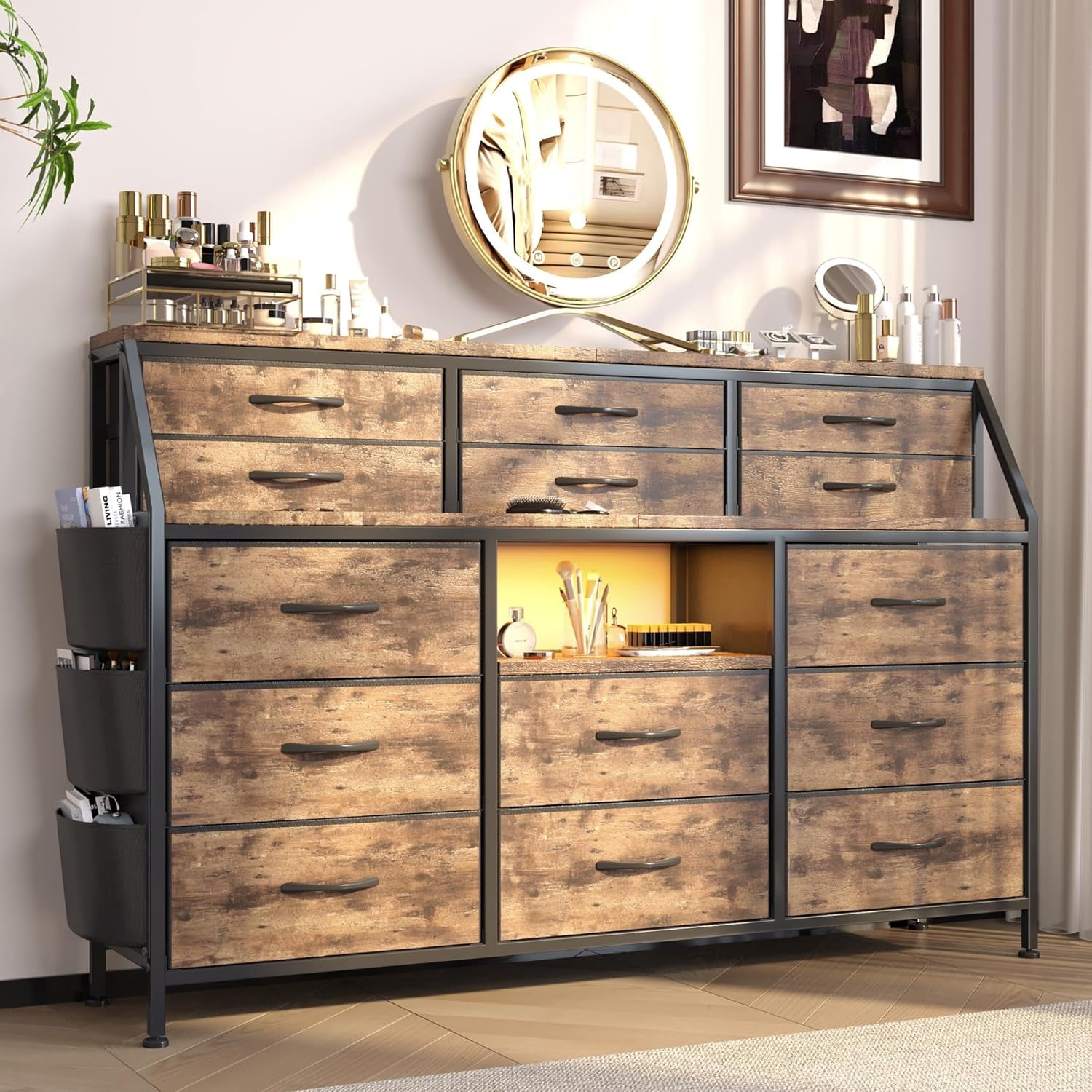 2015 New Dresser for Bedroom with 14 Drawers, 55" W Dresser with Side Pocket, Fabric Dressers & Chests of Drawers with Shelves