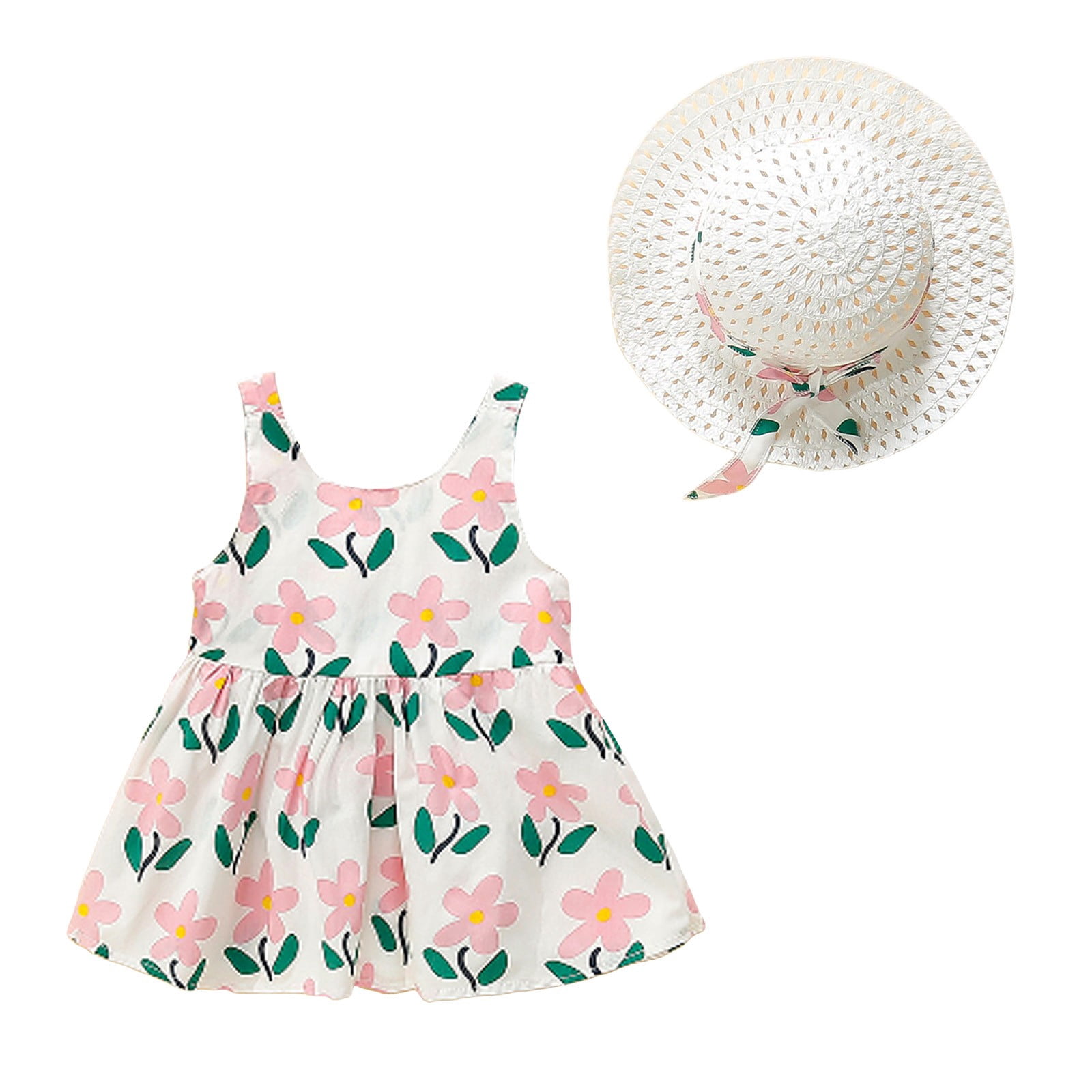 Robes pour Bébé Fille Sans Manches, Robes Tutu, Robe d'Été pour Filles avec Chapeaux, 2 Pcs, Robe de Fête pour Tout-Petit 90/8