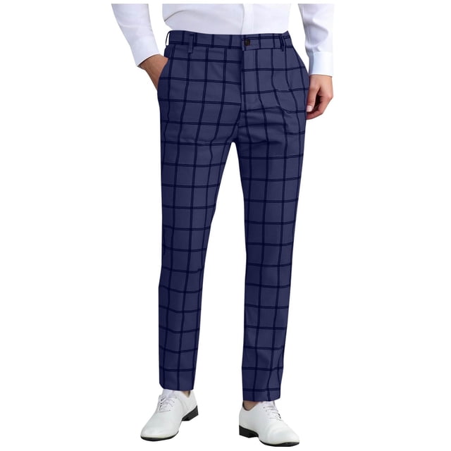 Lovzfmll Pantalon Habillé à Carreaux pour Homme pour Tenue de Bureau Décontractée, Coupe Confortable, Jambe Fuselée, Pantalon de Bureau Moderne Bleu Foncé, L