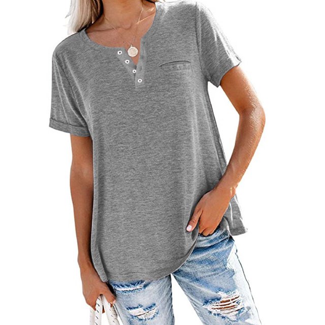 MAWCLOS Ladies T Shirt Solid Color Tops V Neck Tee Comfy Street Short Sleeve Blouse Gray 3XL