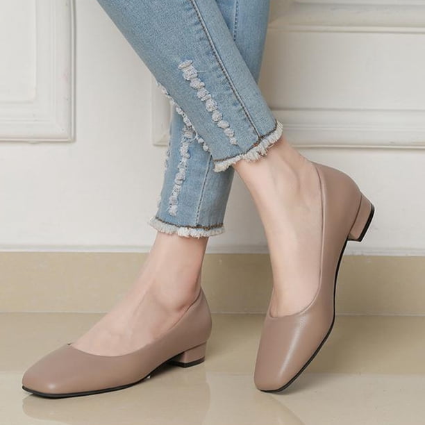 hopeusnice Women's Low Heel Square Toe Flats Comfortable Slip On