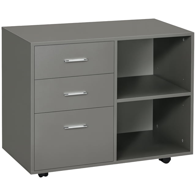 HOMCOM Modern Lateral Filing Cabinet, 3 Drawer File Cabinet for Letter and A4 Size Documents, Mobile, Printer Stand with Open Shelves, Rolling Wheels, Grey