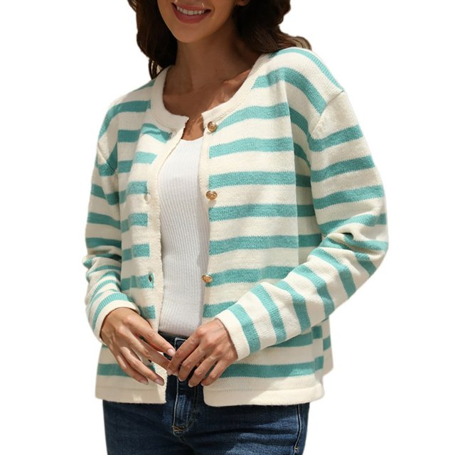 Women‘s Striped Cardigan Sweater Trendy Long Sleeve Button Down Crewneck Knit Cardigans