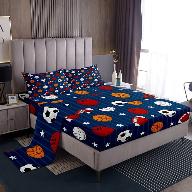Erosebridal Rugby Basketball Game Bed Sheets Set Queen Size,Stars Stripes Bedding Sets Queen Size,Sport Theme Decor,Breathable,4pcs