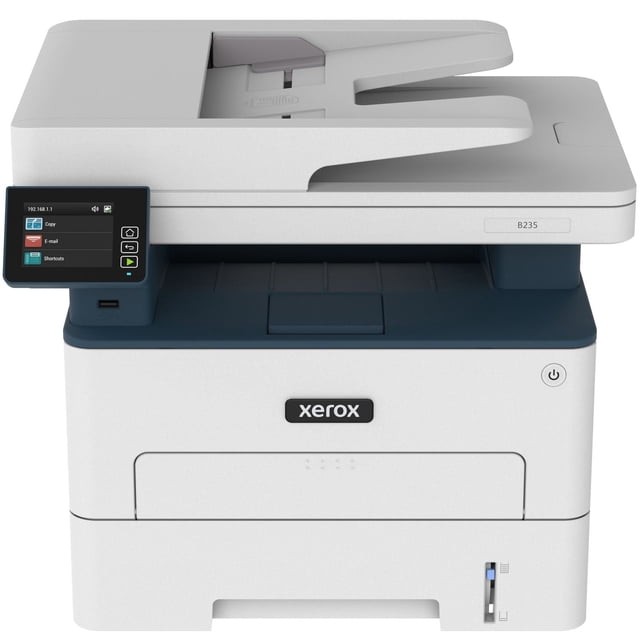 Xerox B235 Monochrome Laser Printer B235/DNI front view of compact white and dark blue all-in-one printer with automatic document feeder and touchscreen control panel displaying copy, email, and shortcuts, ideal for small offices and home workspaces.