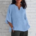 thumbnail image 2 of Dealovy Plus Size Shirts for Women 3/4 Sleeve Notch V Neck Cotton Linen Tops Summer Solid Color Tees, 2 of 5