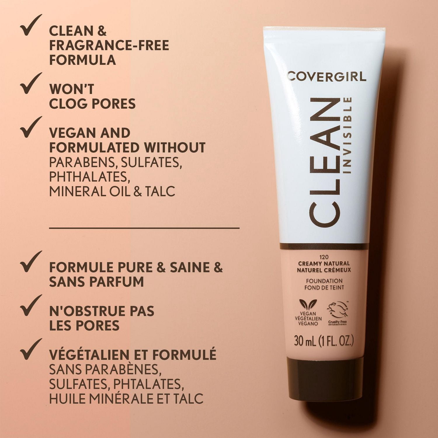 Clean Invisible, Fond de teint, Formule estompable, Couvrance modulable, Léger, Fini naturel, Non comédogène