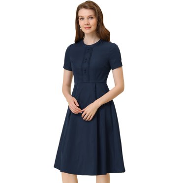 INSPIRE CHIC Robe Vintage Plissée à Manches Courtes à Col Rond pour Femme Bleu Marine P