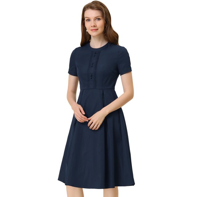 INSPIRE CHIC Robe Vintage Plissée à Manches Courtes à Col Rond pour Femme Bleu Marine P