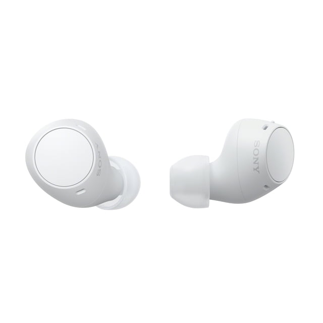 Sony WF-C510 Truly Wireless Earbuds in white, showing left and right earbuds with compact rounded design and silicone ear tips, featuring Bluetooth connectivity and up to 11 hours battery life for all-day comfort and clear sound.
