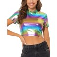 thumbnail image 1 of INSPIRE CHIC Women's Mock Neck Party Short Sleeve Metallic Crop Tops XS Multicolor, 1 of 5