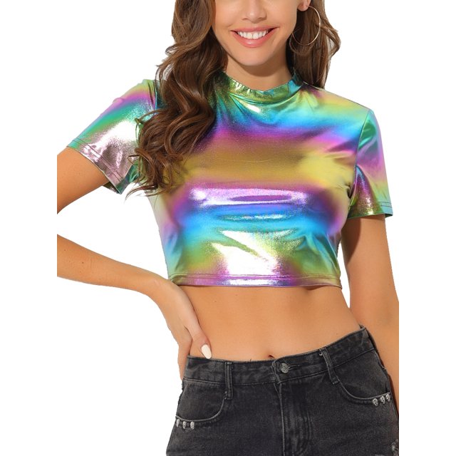 INSPIRE CHIC Women's Mock Neck Party Short Sleeve Metallic Crop Tops XS Multicolor