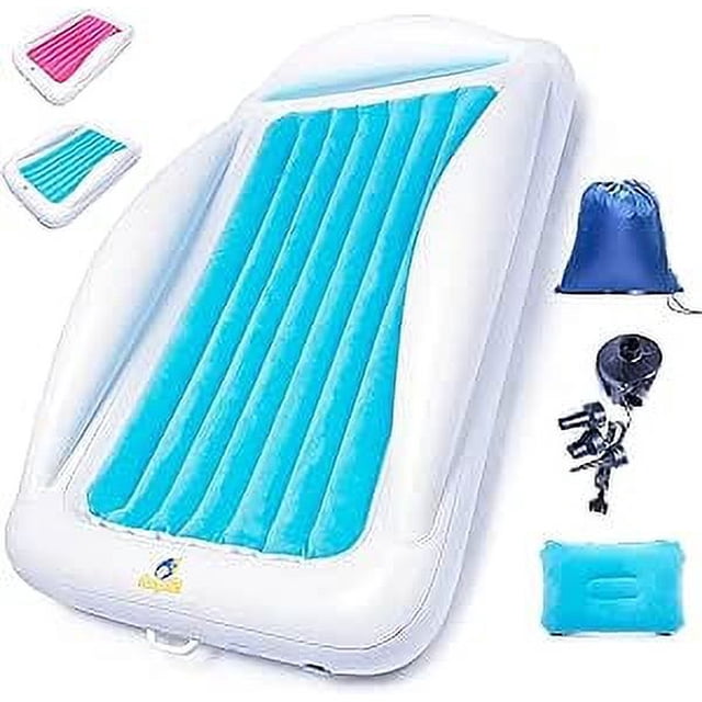 Sleepah Inflatable Toddler Travel Bed Inflatable & Portable Air Mattress Blow up Bed Bed Rails Twin. The image shows a white inflatable toddler bed with blue inner padding and raised bumpers for safety. Included accessories are an electric pump, a blue carry bag, a small blue pillow, and a patching kit. Designed for toddlers, this bed inflates to 61 x 40 x 12 inches and is lead and phthalate-free. Suitable for camping or travel.