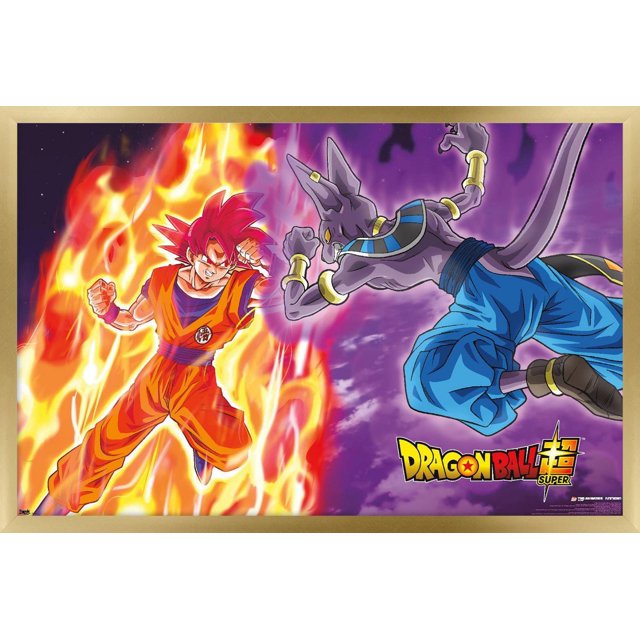 Dragon Ball : Super - Affiche Murale de Bataille de Dieux, 22,375 Pouces x 34 Pouces Représentant Goku en Forme de Dieu Super Saiyan avec une aura Rouge Ardente à Gauche Face à Beerus, le Dieu Violet de la destruction Portant un Pantalon Bleu et des Accessoires Dorés à Droite, sur un Fond Cosmique Violet avec le logo Dragon Ball Super, Convient à la Déco de Chambre à Thème Anime Ou aux collections de Fans.