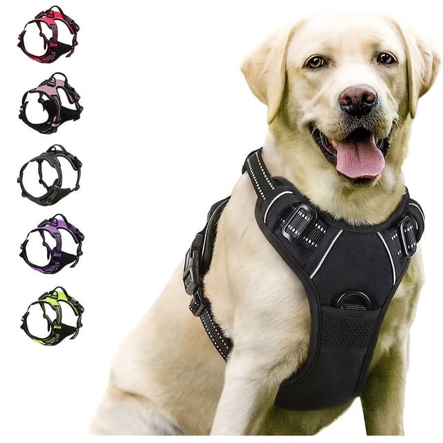 No Pull Dog Harness Front Clip Heavy Duty Reflective Easy Control Handle for Large Dog Walking in size L and black color. The harness features a durable design with reflective stitching for visibility, a front clip for no-pull control, and an easy-grip handle for added control. Shown on a large dog with additional color options displayed on the side.