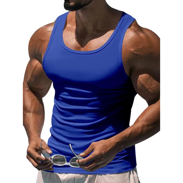 Innerwin Muscle Shirts Scoop Neck Mens Summer Tops Sport Solid Color Lightweight Tank Blue S