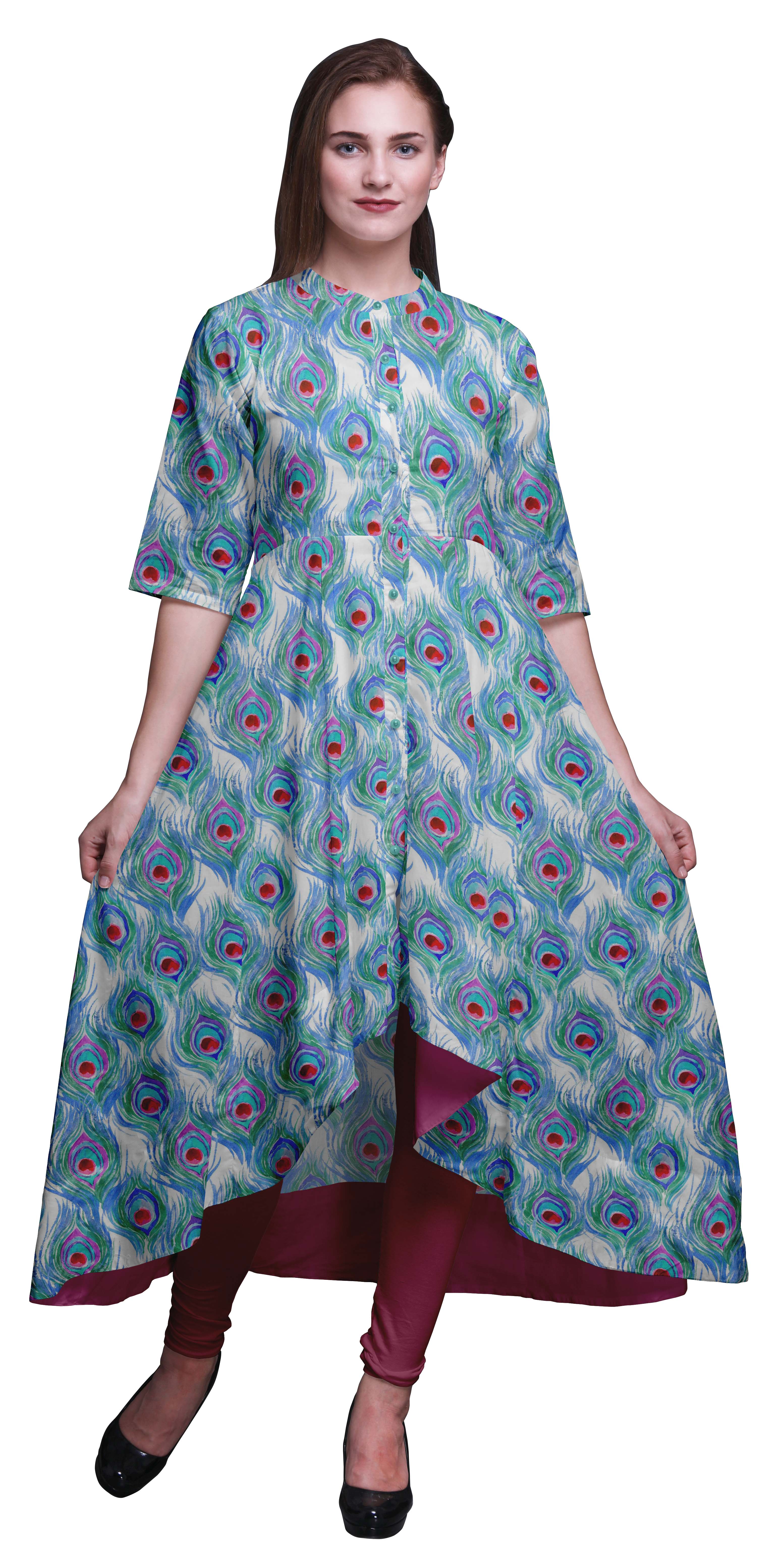Bimba Robe Anarkali Imprimée à Plumes de Paon Bleues pour Femmes, Col Mandarin, Kurtis Indiennes pour Femmes, Tenue de Fête - Moyen