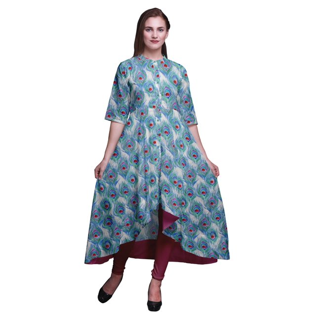 Bimba Robe Anarkali Imprimée à Plumes de Paon Bleues pour Femmes, Col Mandarin, Kurtis Indiens, Kurta Asymétrique - Grand