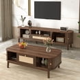 thumbnail image 2 of Noble House TV Stand & Coffee Table Set, Walnut with Sliding Doors & Woven Drawers, Media Console and Storage Table, 2 of 9