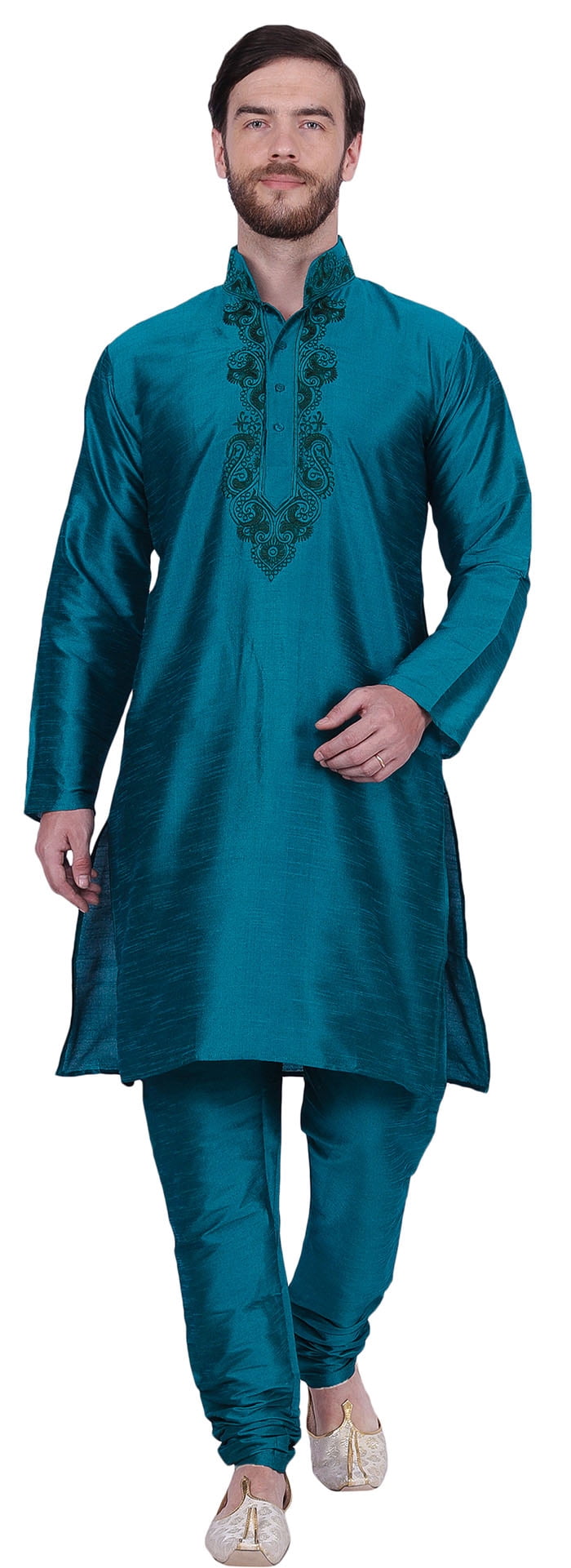 Maple Clothing Men's Art Silk Kurta Pajama Set Indian Wedding Clothes (Turquoise, L)