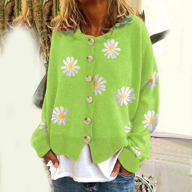 Pxiakgy Cardigan Décontracté pour Femmes à Manches Longues, Col Rond, à Boutons, Imprimé Petite Marguerite, Chandail Tricoté Cardigan B + TTG