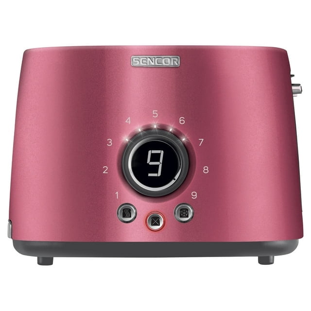 Sencor STS-6054RD 2-Slice Premium Metallic Toaster in red with a digital button interface and toaster rack. Features a sleek metallic finish, wide slots, and a stainless steel top. Includes a removable warming rack, 9-level electronic timer, and three functions: cancel, defrost, and bagel. The heat-insulated outer case is cool to the touch, and the anti-slip feet ensure safe use. Designed with a contrasting white base and cord storage for convenience.