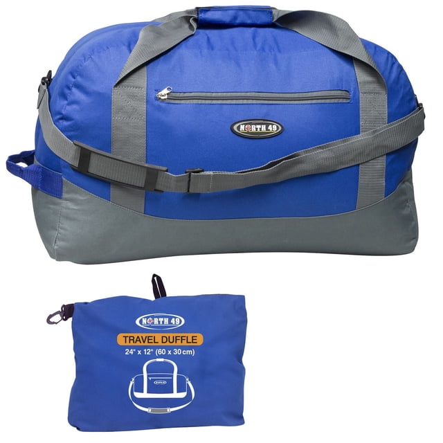 North 49 Travel Duffle - 60L in blue and grey rugged polytec fabric with large main compartment, front zip pocket, adjustable removable shoulder strap, top and side handles, shown with compact self-packing pouch with hanging loop and biner clip, measuring 24 by 12 inches (60 x 30 cm).