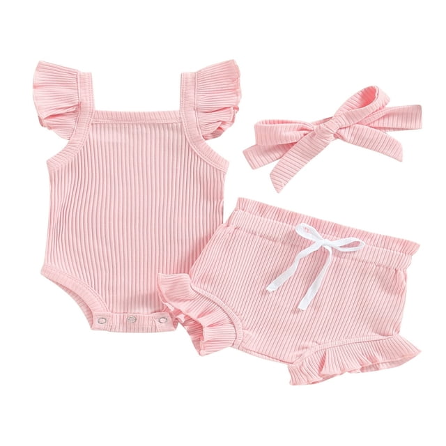 MesaSe Infant Baby Girl Summer Clothes Ribbed Ruffle Sleeveless Romper Drawstring Bloomer Shorts Headband Outfits Blue 0-3 Months