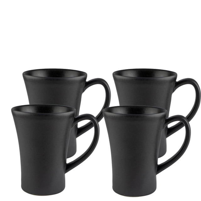 Mesa Ceramics Rondo Stoneware Mug 380ml Set of 4 with four matte black tapered stoneware mugs featuring curved handles, made from durable, scratch-resistant material, dishwasher, microwave, and oven safe up to 250°C, suitable for casual dining and mixing with other Rondo dinnerware.