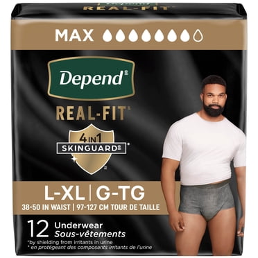 Depend Real Fit Incontinence Underwear for Men, Disposable, Maximum Absorbency, S/M-L/XL, Black and Grey