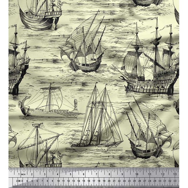 Soimoi Rayon Fabric Waves & Ship Ocean Printed Fabric 1 Yard 56 Inch Wide