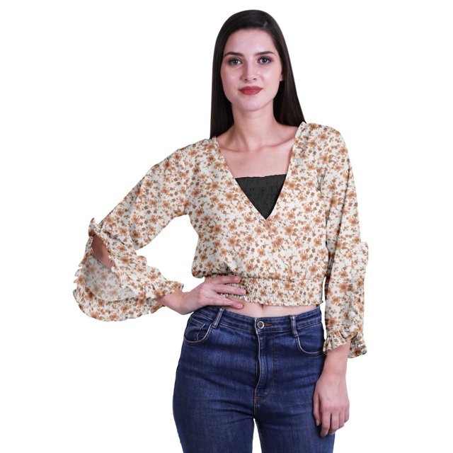 Moomaya Printed Womens Crop Top Wrap Style Top Wear Ruffle Long Sleeve Casual Summer Blouse