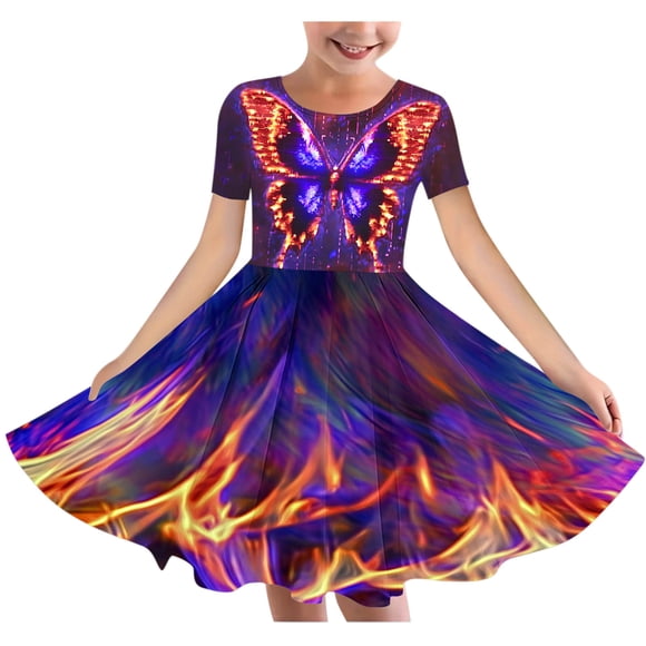 LOVZFMLL Short Sleeve Stretchy Dress A Line Twirly Skater School Recital Dress Short Sleeve Round Neck Dress