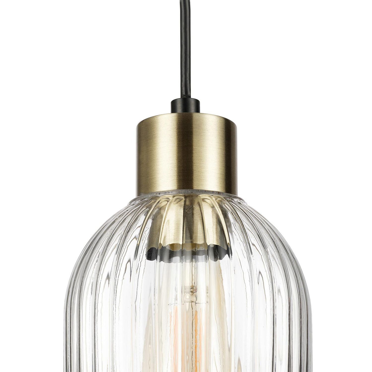 Globe Electric 1-Light Matte Black Pendant Light with Ribbed Glass Shade and Matte Brass Accent