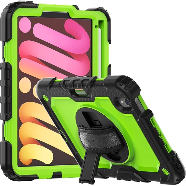 navor Rugged Cover Compatible with iPad Mini 6 (2021), Rotatable Kickstand Shoulder & Hand Strap Shockproof Heavy Duty Protective Case