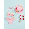 thumbnail image 2 of Kmbangi 3Pcs Infant Girls Swimsuits Flower Decor Tie-Up Halter Neck Tank Tops + Ruffles Shorts + Sun Hat Bikini Split Swimwear Set 0-24M, 2 of 9