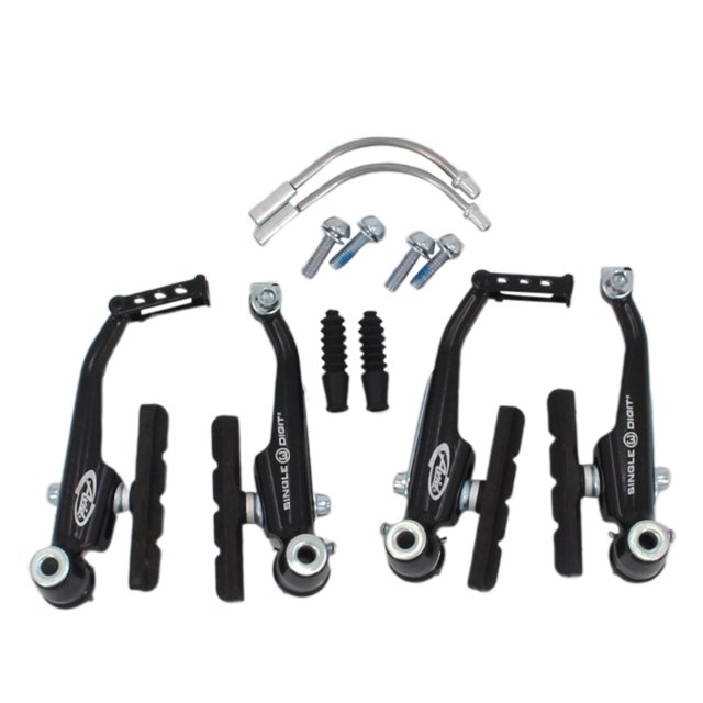 AVID SD3 BMX Vélo de Route et de Montagne V Brake Pièces et Accessoires de Bicyclette par OUYAWEI. l'Ensemble Comprend Quatre Bras de Frein en V Noirs avec Marque « Single Digit », Plaquettes de Frein, Deux Nouilles de Frein Incurvées, Boulons et Bottes en Caoutchouc. Conçu pour une installation Facile et une Compatibilité avec Divers types de Vélos, Offrant une performance de Freinage Fiable. Poids : 420 g, force wall : 10,5 cm.