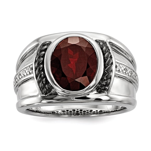 Sterling Silver Garnet & Diamond Oval Black Rhodium-plated Men's Ring Size 9