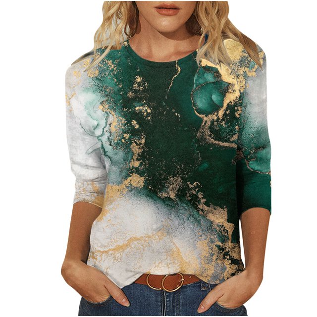FAIWAD Femmes Bloc de Couleur 3/4 Chemises Col Rond Blouses Décontractées Élégantes Grande Taille Tunique de Sortie
