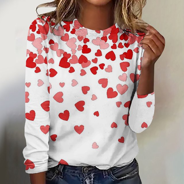 T-shirts de Saint-Valentin pour Femmes, Chandail en Molleton à Col Rond avec Cœur d'Amour, Chandail Mignon Gnome, Hauts, Tenues, Vêtements, Mode pour Dames, Col Rond, Manches Longues, T-Shirt Imprimé Saint-Valentin