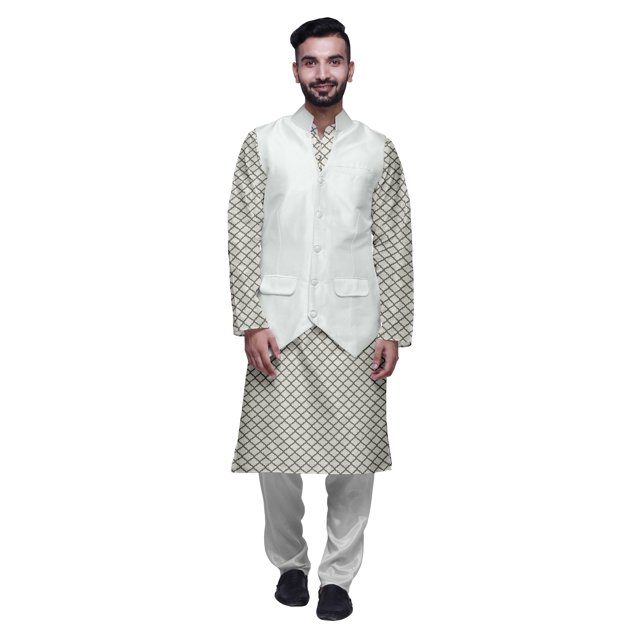 Atasi Cotton Mens Kurta Pajama With Jacket Indian Mandarin Ethnic Wear Set